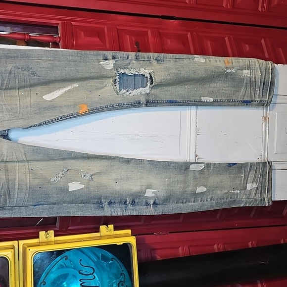 Serenede Mens Stretch Skinny Distressed Paint Splatter Light Wash Denim Jeans 34 - Picture 4 of 9